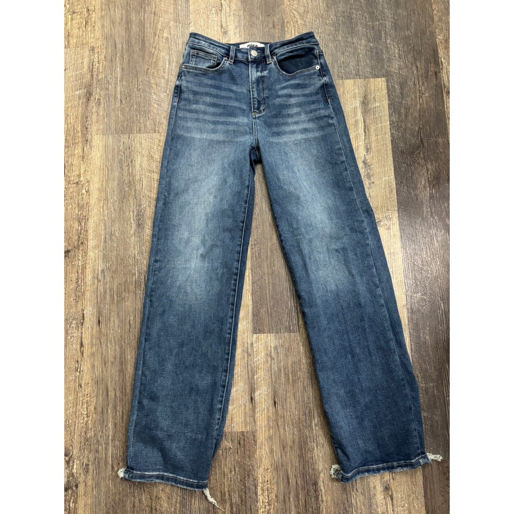 Mica Denim‎ High Rise Wide Leg Jeans Medium Wash Distressed Raw Hem MDP-T3308 26
